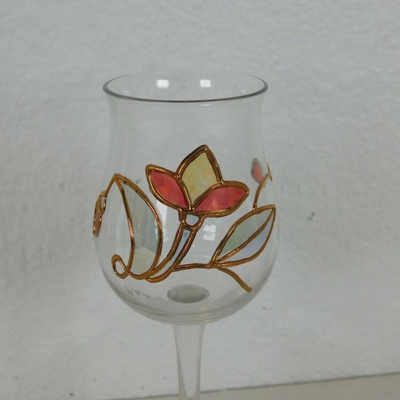 Crystal Cordial Sherry Apertif Stemmed Glasses Stained Glass Look Leaf Motif Set - Picture 8 of 8